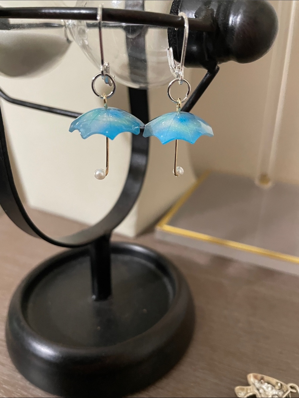 Artisan Blue Umbrella Pearl Dangle Earrings